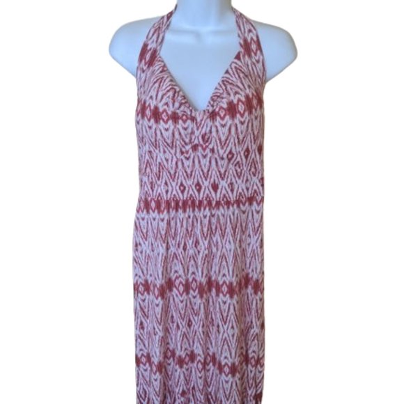 ---  Red White Maxi Length Halter Beach  Dress Size Medium - Picture 2 of 5